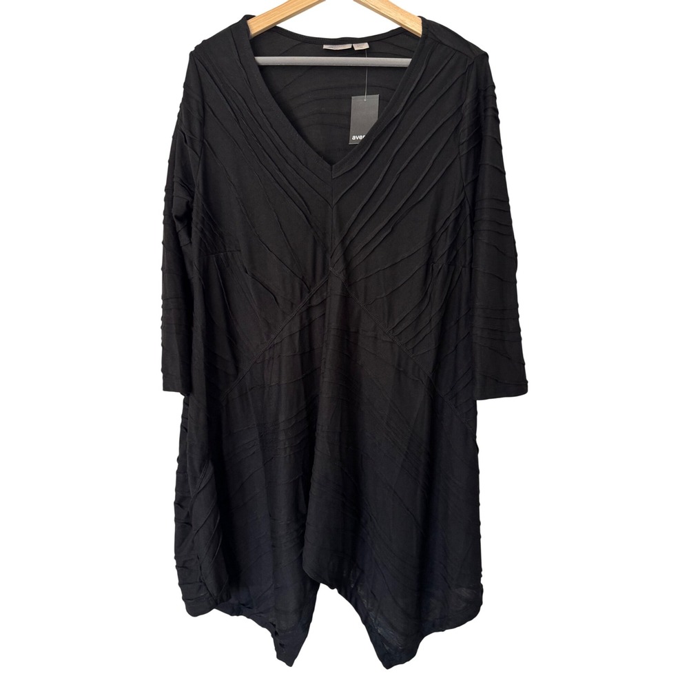 Avenue Black‎ 3/4 Sleeve V Neck Textured Flowy Asymmetrical Tunic Blouse 14 NWT